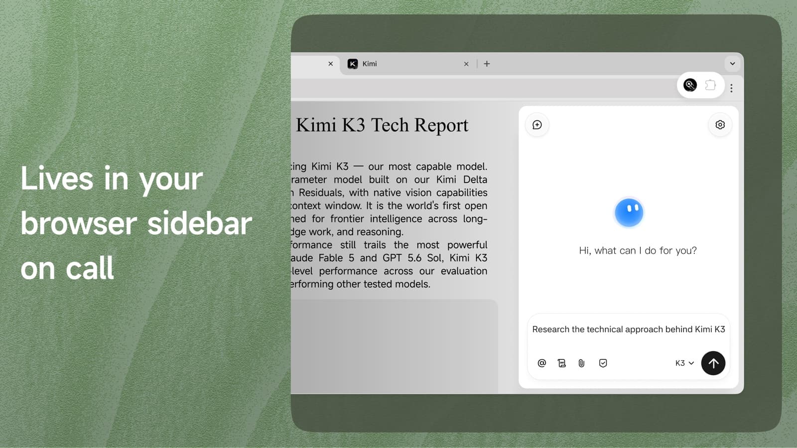 Illustration of Kimi Browser Extension living in the browser sidebar